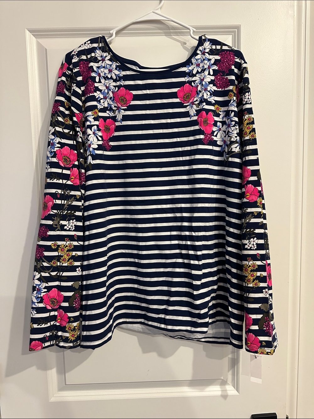 NWT Talbots Navy and White Striped Long-Sleeve Tee with Pink Floral Accents